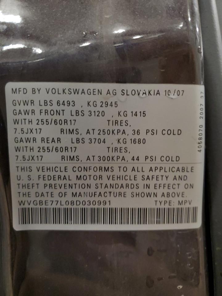 2008 Volkswagen Touareg 2 V6 VIN: WVGBE77L08D030991 Lot: 87359195