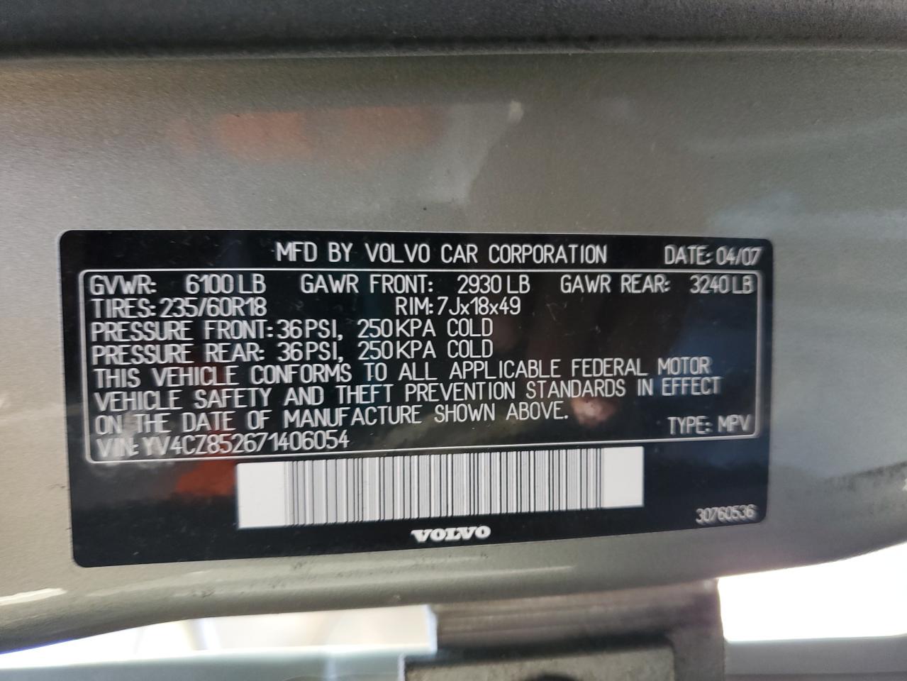 2007 Volvo Xc90 V8 VIN: YV4CZ852671406054 Lot: 85584775