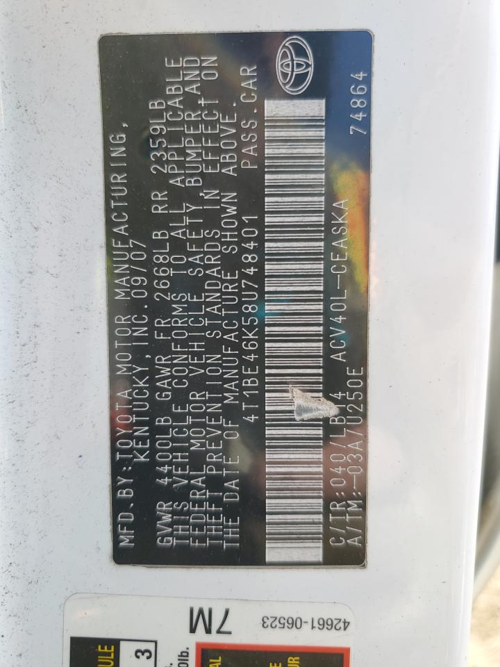 2008 Toyota Camry Ce VIN: 4T1BE46K58U748401 Lot: 87487245