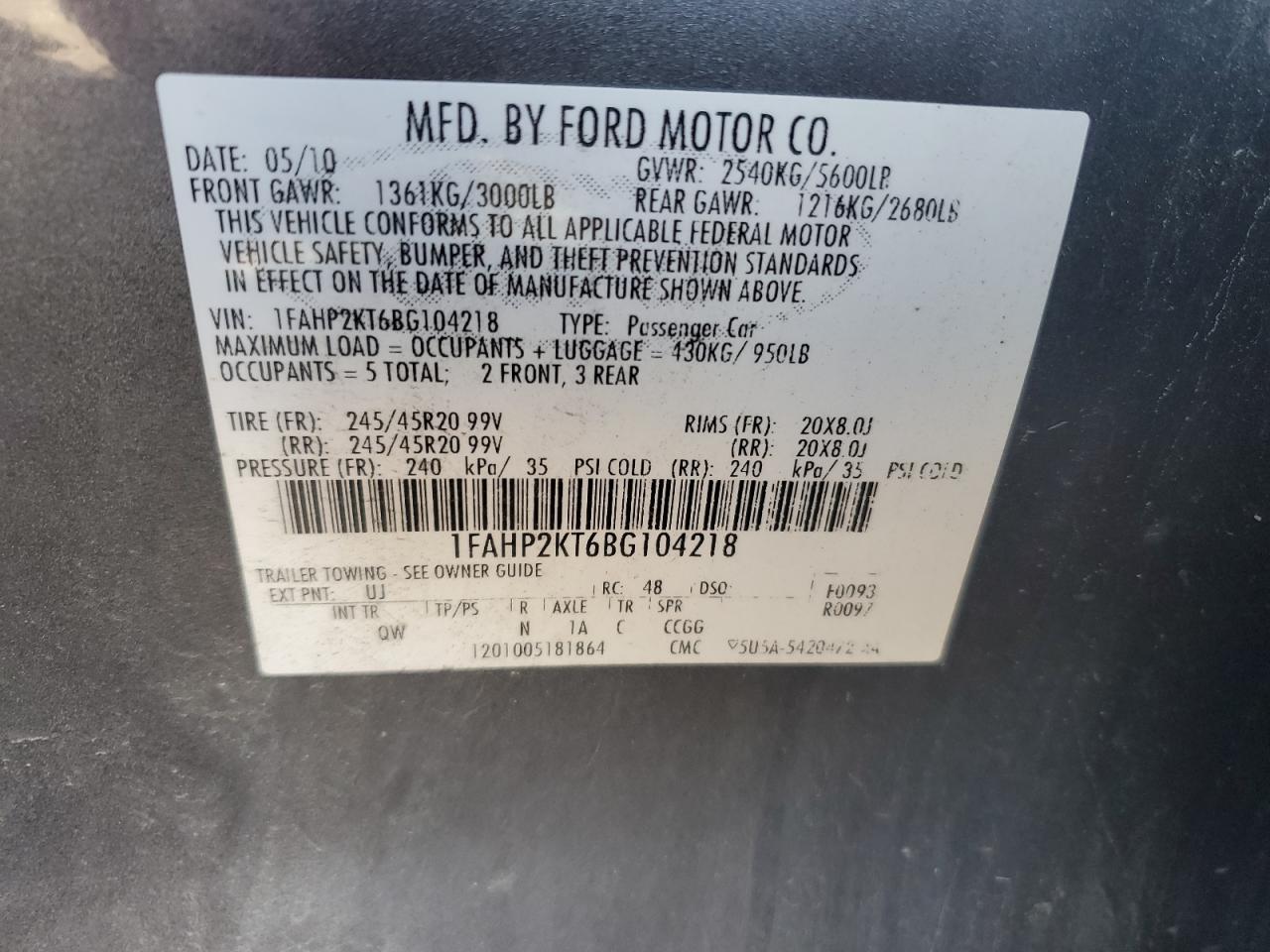 2011 Ford Taurus Sho VIN: 1FAHP2KT6BG104218 Lot: 87003305