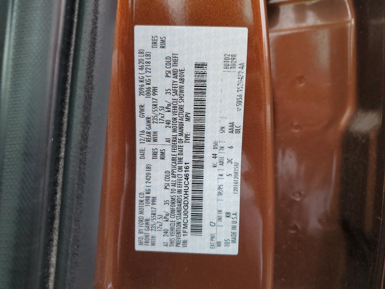 2017 Ford Escape Se VIN: 1FMCU0GDXHUC46161 Lot: 90799265