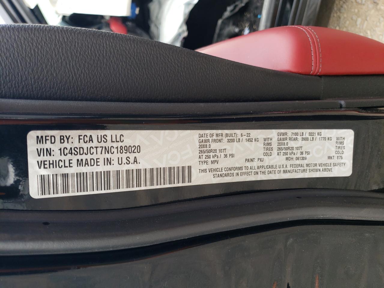 2022 Dodge Durango R/T VIN: 1C4SDJCT7NC189020 Lot: 90541915