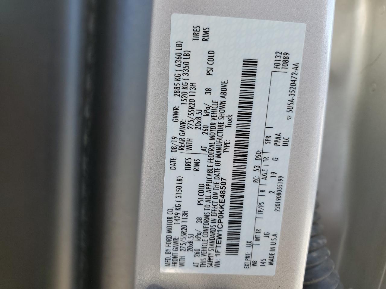 2019 Ford F150 Supercrew VIN: 1FTEW1CP0KKE48507 Lot: 87437835