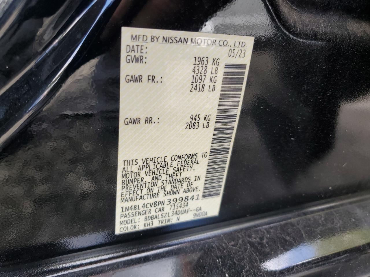 2023 Nissan Altima Sr VIN: 1N4BL4CV8PN399841 Lot: 85478225