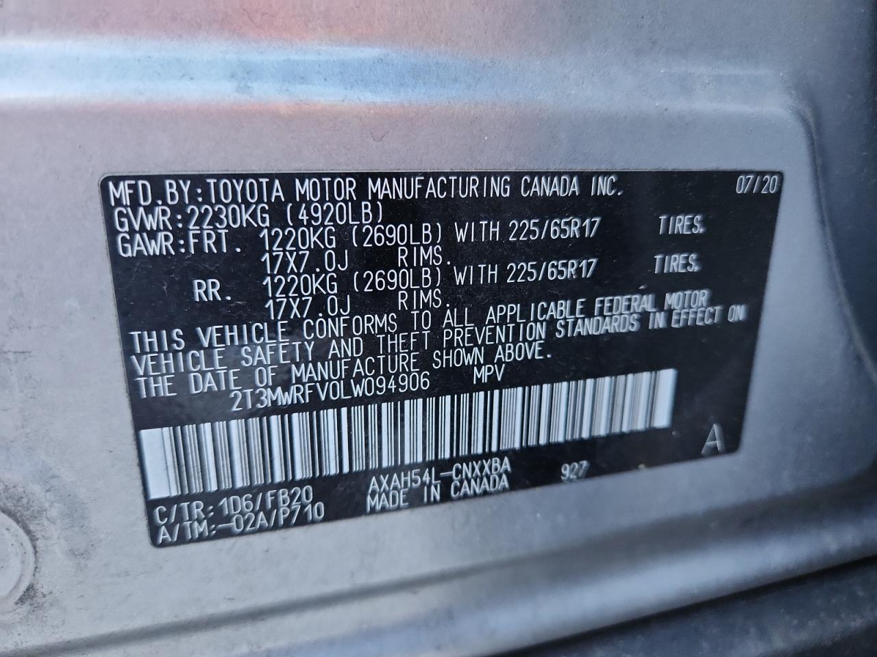 2020 Toyota Rav4 Le VIN: 2T3MWRFV0LW094906 Lot: 84958265