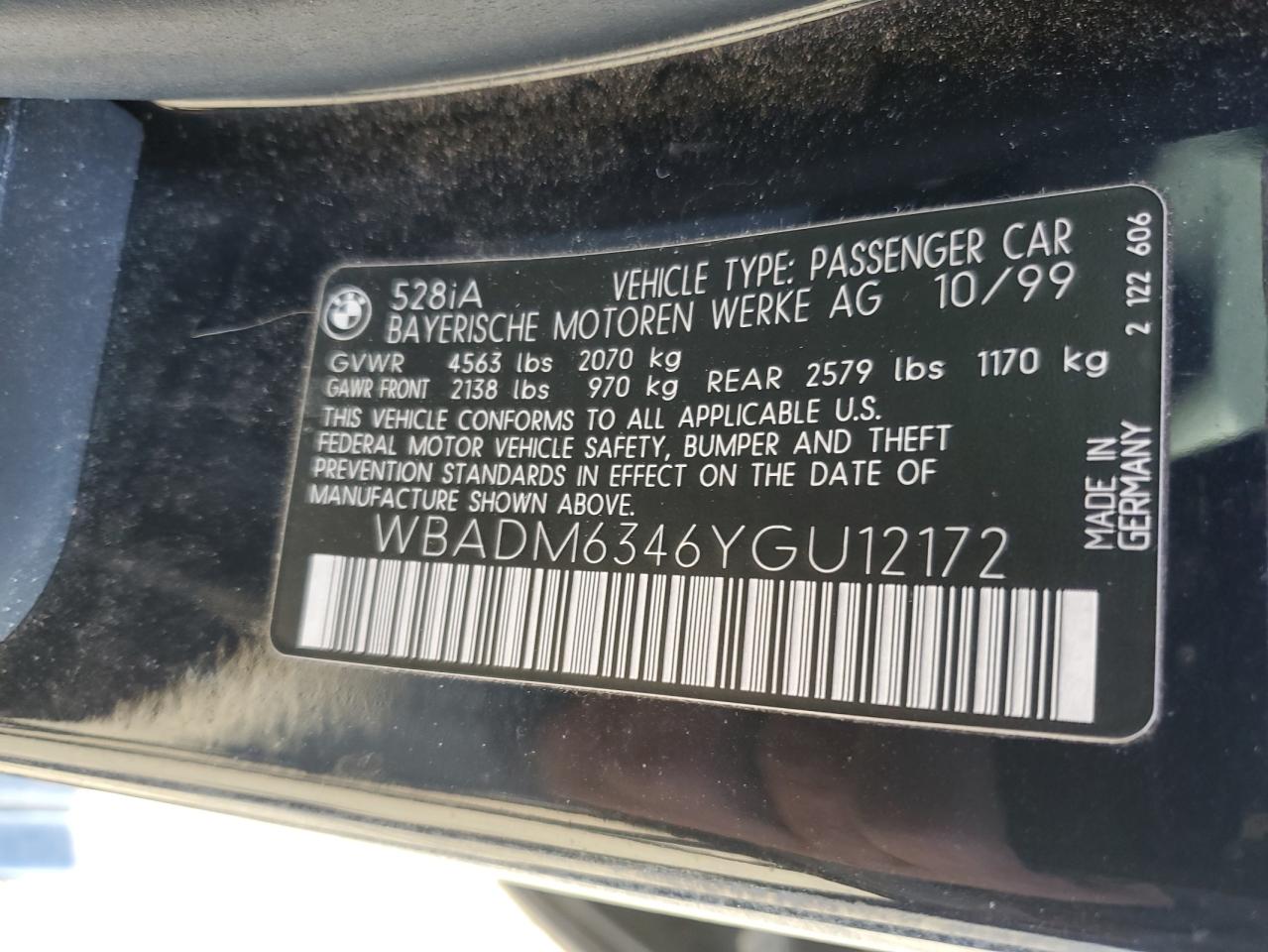 2000 BMW 528 I Automatic VIN: WBADM6346YGU12172 Lot: 89874045