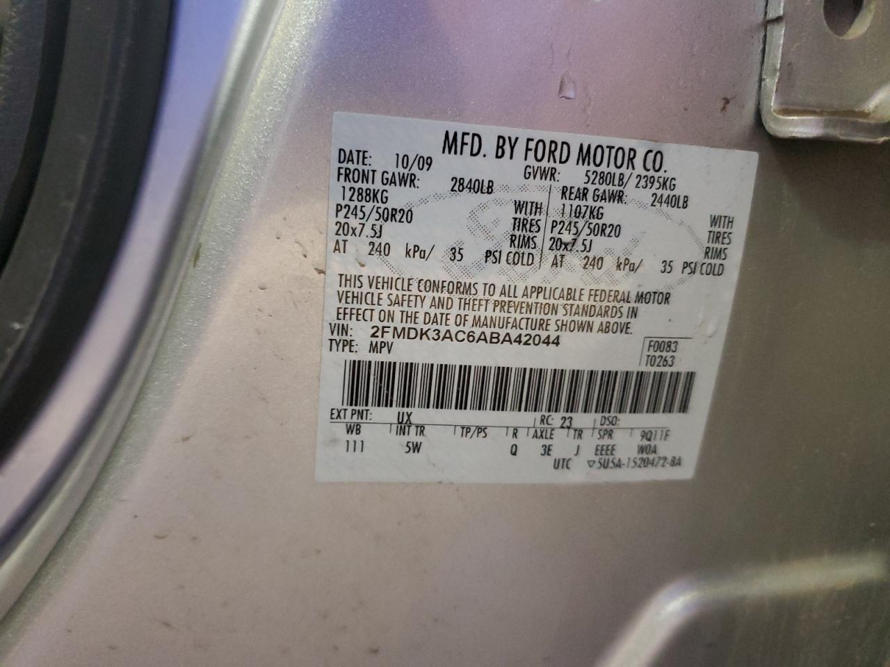 2010 Ford Edge Sport VIN: 2FMDK3AC6ABA42044 Lot: 90852605