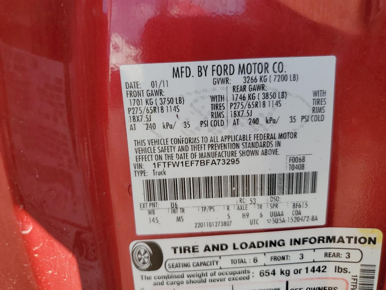 2011 Ford F150 Supercrew VIN: 1FTFW1EF7BFA73295 Lot: 84909475