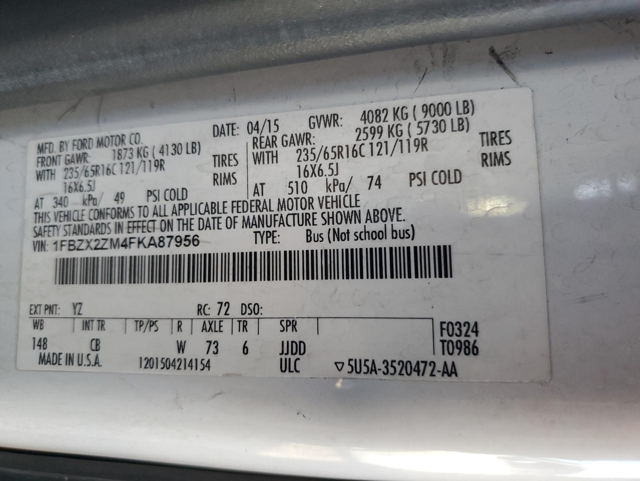 2015 Ford Transit T-350 VIN: 1FBZX2ZM4FKA87956 Lot: 82767345