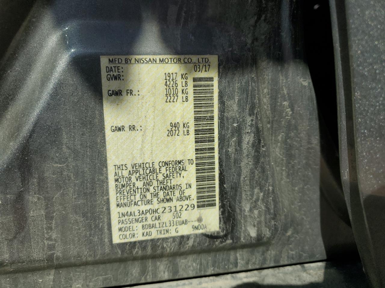 2017 Nissan Altima 2.5 VIN: 1N4AL3AP0HC231229 Lot: 86318545