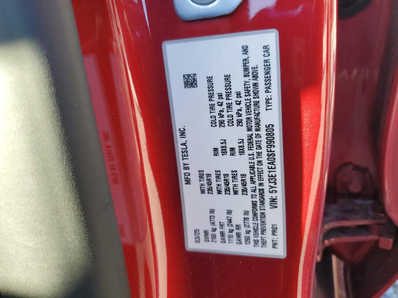 2025 Tesla Model 3 VIN: 5YJ3E1EA0SF990805 Lot: 87176565