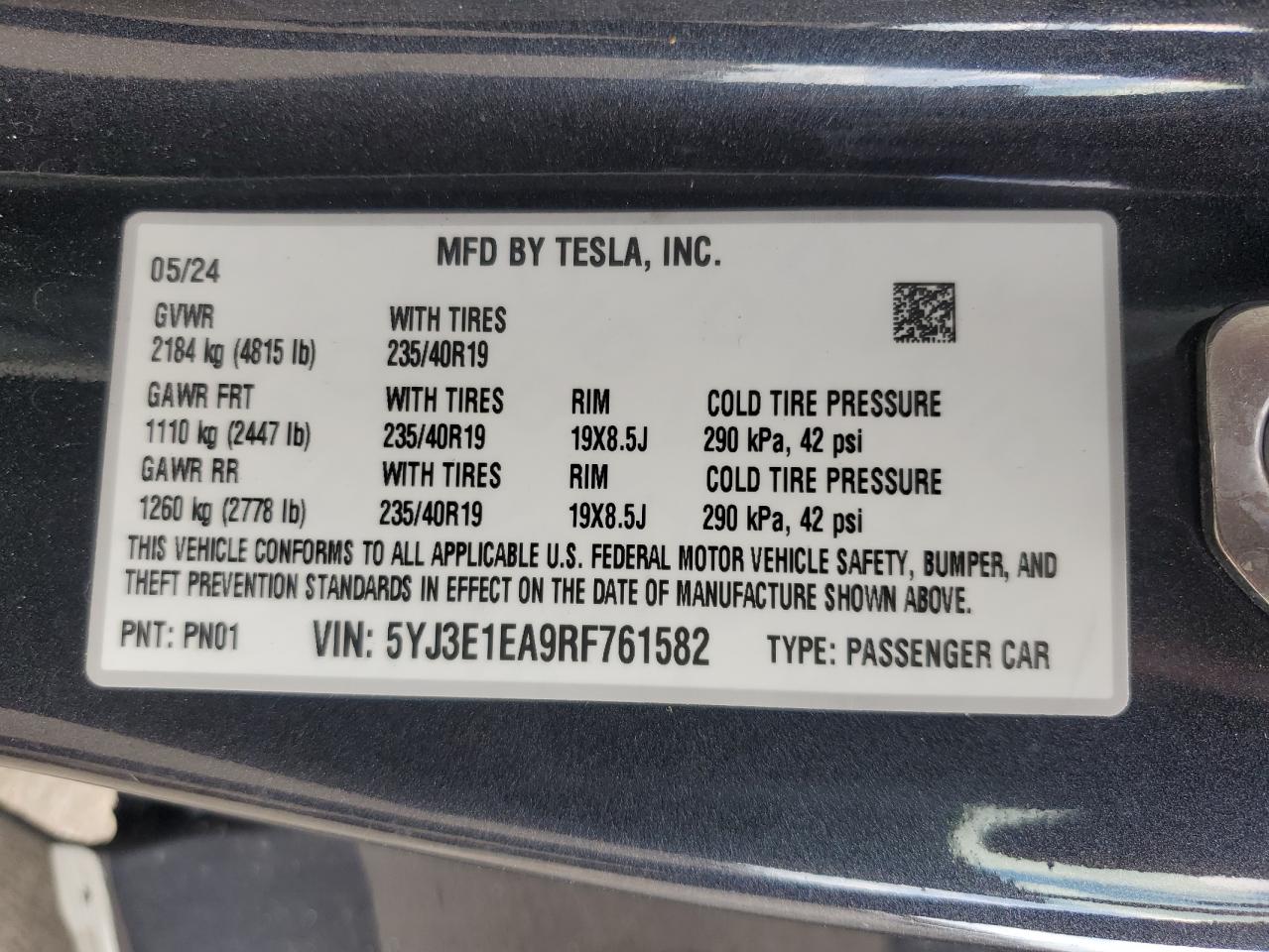 2024 Tesla Model 3 VIN: 5YJ3E1EA9RF761582 Lot: 81884565