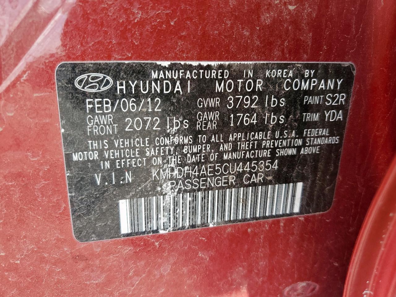 2012 Hyundai Elantra Gls VIN: KMHDH4AE5CU445354 Lot: 86087985