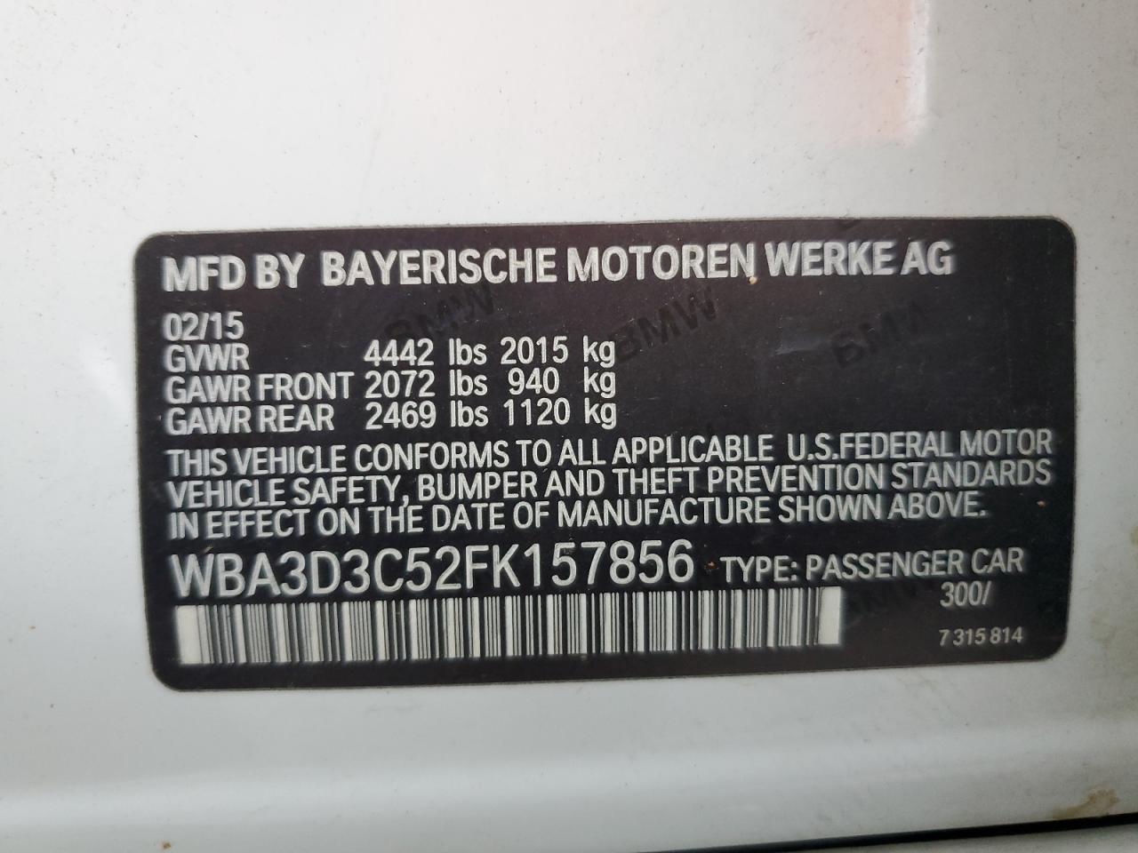 2015 BMW 328 D VIN: WBA3D3C52FK157856 Lot: 86266155