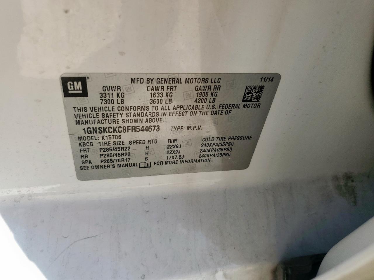 2015 Chevrolet Tahoe K1500 Ltz VIN: 1GNSKCKC8FR544673 Lot: 84946755