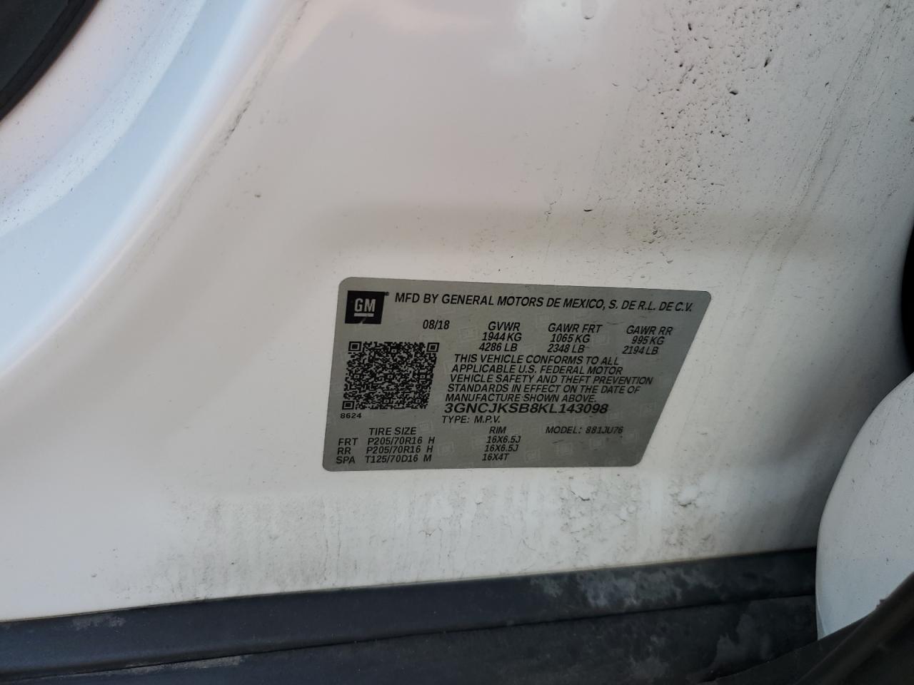 2019 Chevrolet Trax Ls VIN: 3GNCJKSB8KL143098 Lot: 87471925