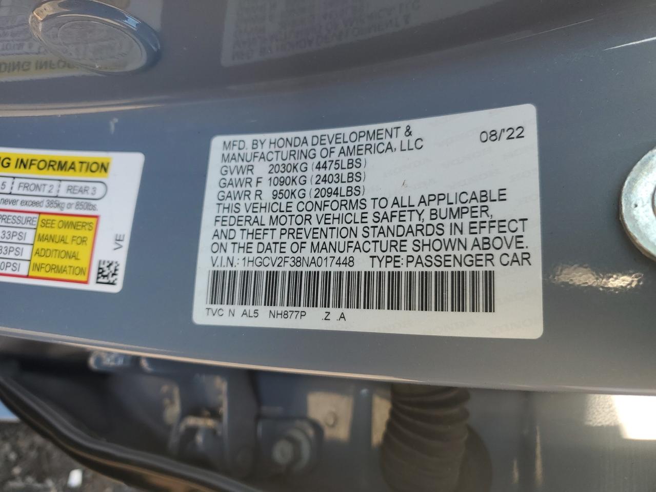 2022 Honda Accord Sport VIN: 1HGCV2F38NA017448 Lot: 85296735