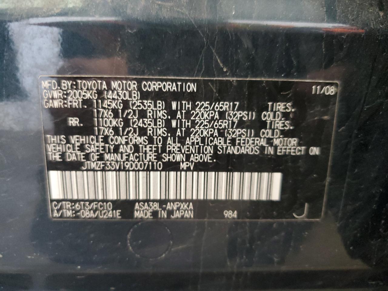 2009 Toyota Rav4 VIN: JTMZF33V19D007110 Lot: 89899175