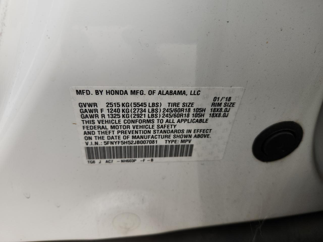 2018 Honda Pilot Exl VIN: 5FNYF5H52JB007081 Lot: 82720015