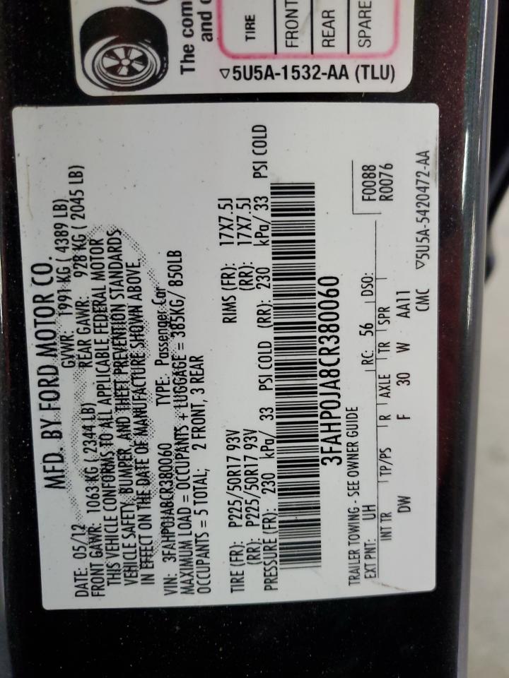 2012 Ford Fusion Sel VIN: 3FAHP0JA8CR380060 Lot: 86301225