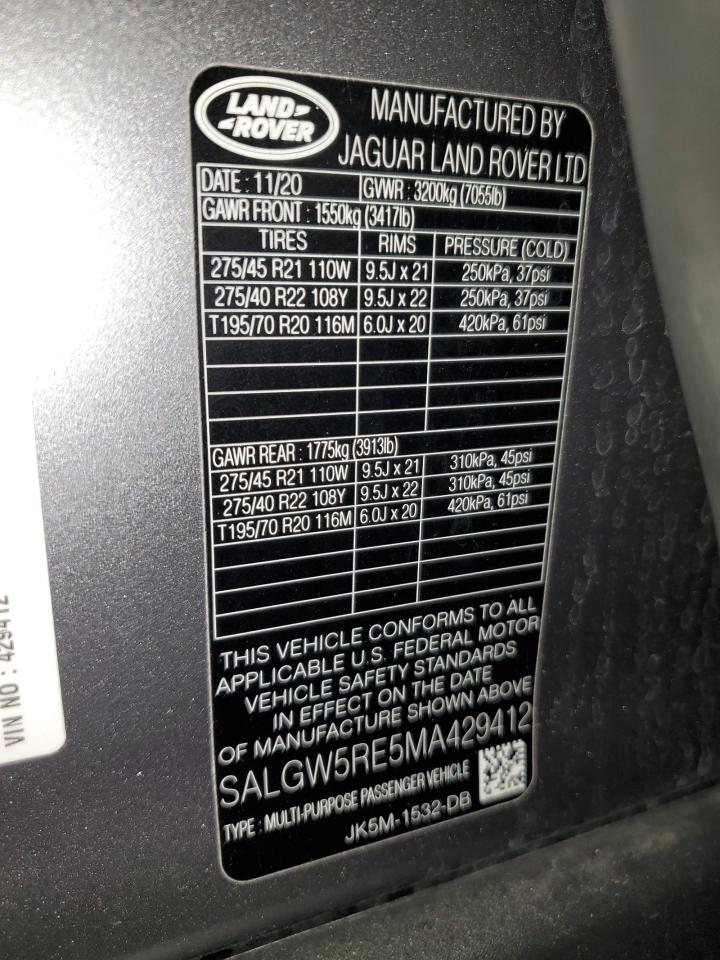 2021 Land Rover Range Rover Sv Autobiography VIN: SALGW5RE5MA429412 Lot: 90353665