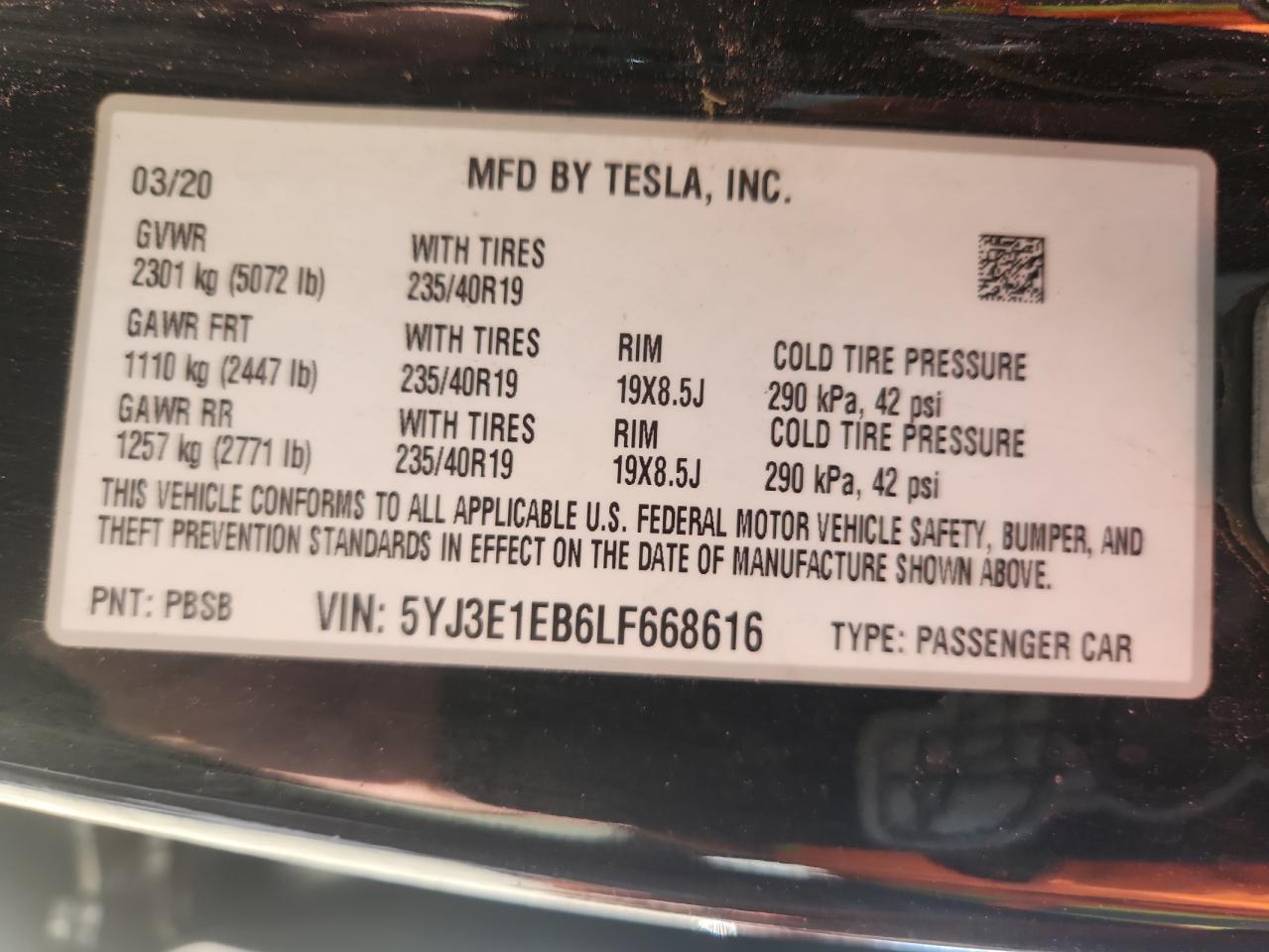 2020 Tesla Model 3 VIN: 5YJ3E1EB6LF668616 Lot: 89934335