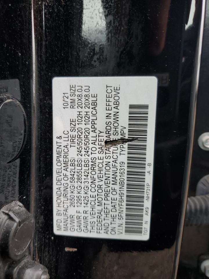 2022 Honda Pilot Touring VIN: 5FNYF6H91NB016319 Lot: 86687525