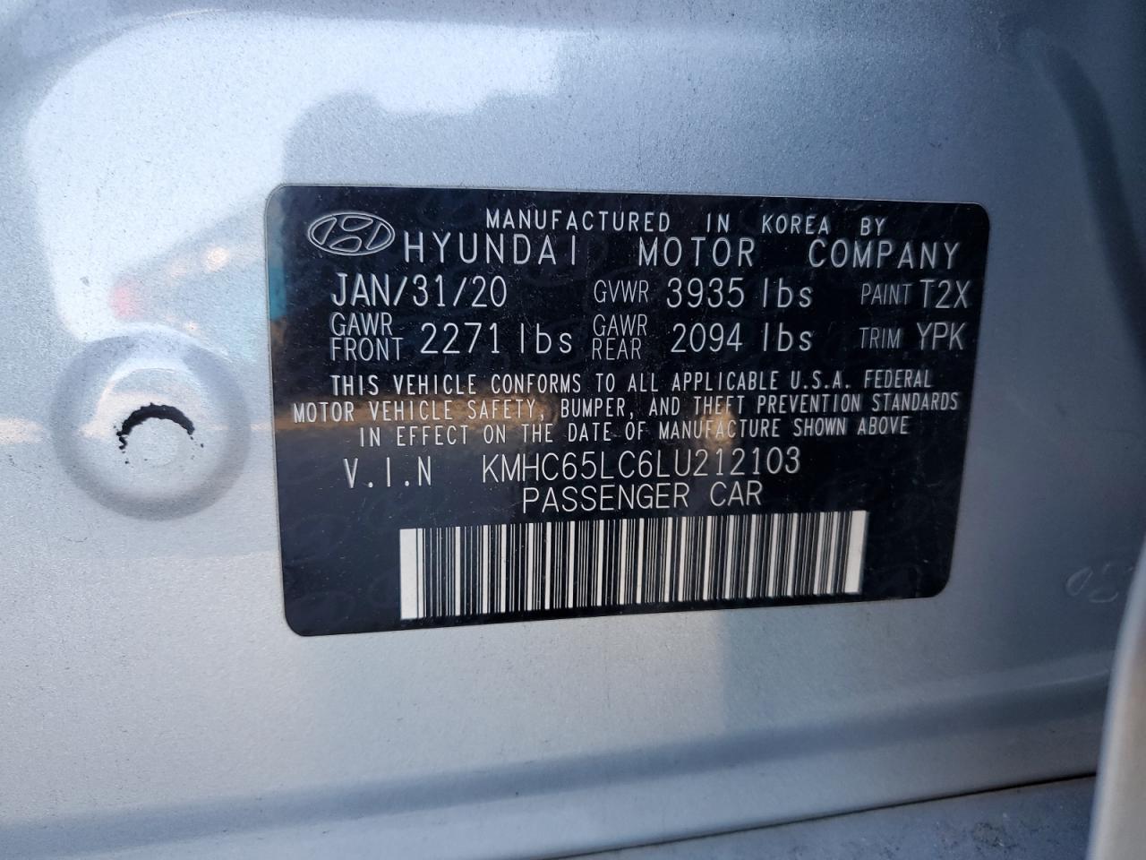 2020 Hyundai Ioniq Blue VIN: KMHC65LC6LU212103 Lot: 87289935