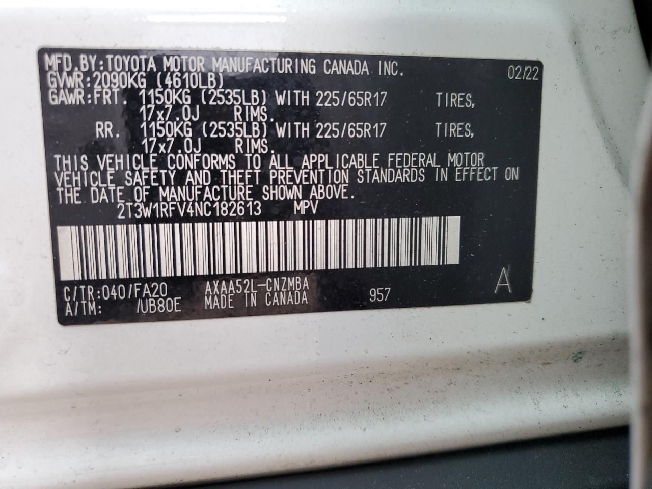 2022 Toyota Rav4 Xle VIN: 2T3W1RFV4NC182613 Lot: 85372395