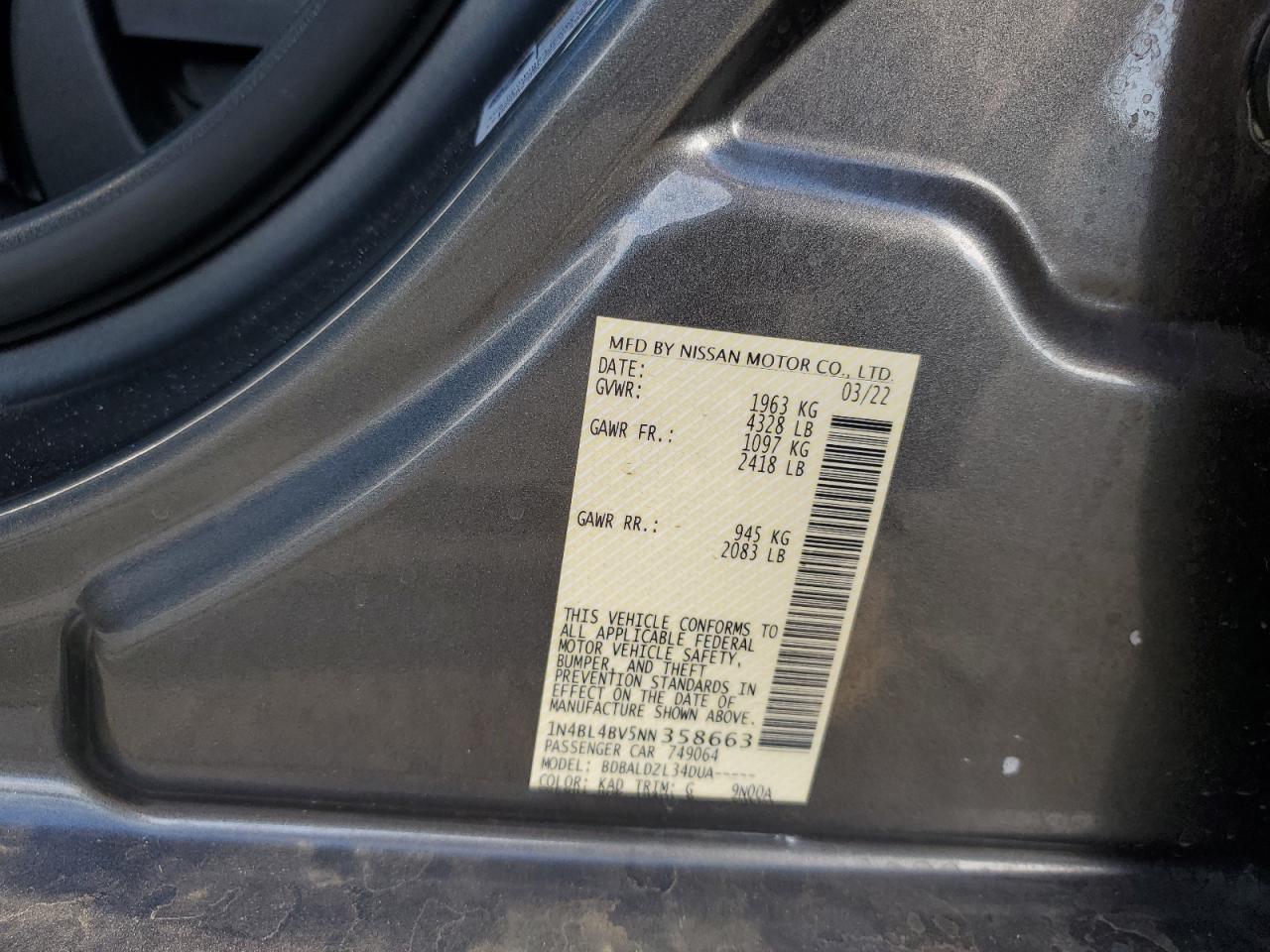 2022 Nissan Altima S VIN: 1N4BL4BV5NN358663 Lot: 81956815