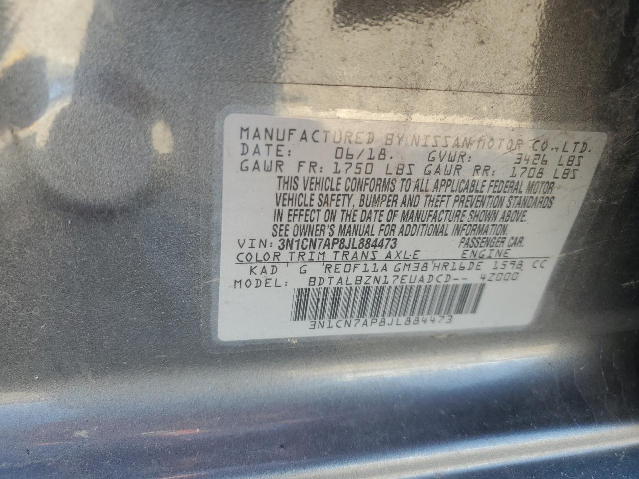 2018 Nissan Versa S VIN: 3N1CN7AP8JL884473 Lot: 85350875