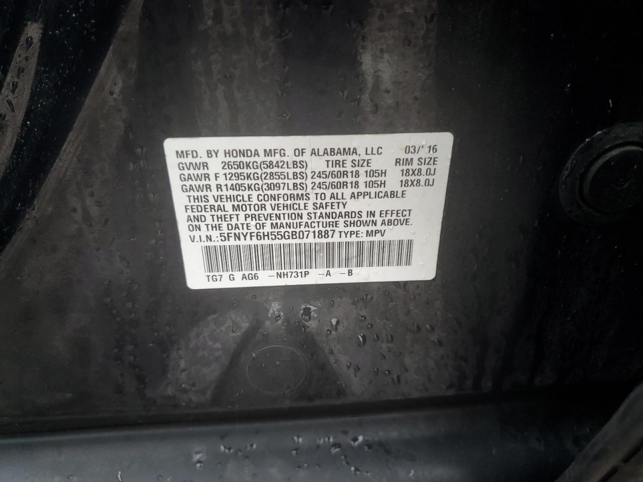 2016 Honda Pilot Exl VIN: 5FNYF6H55GB071887 Lot: 85265255