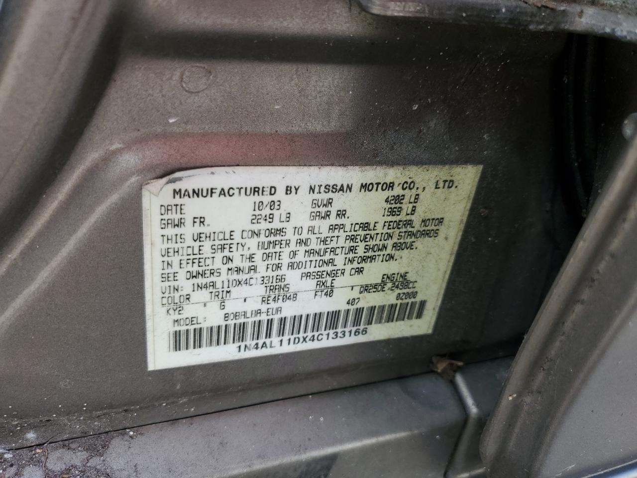 2004 Nissan Altima Base VIN: 1N4AL11DX4C133166 Lot: 85719115