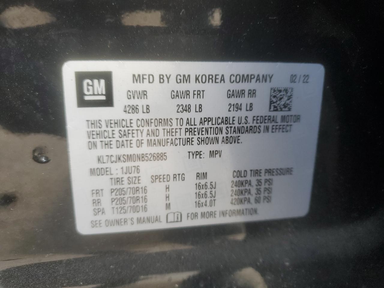 2022 Chevrolet Trax Ls VIN: KL7CJKSM0NB526885 Lot: 86280135