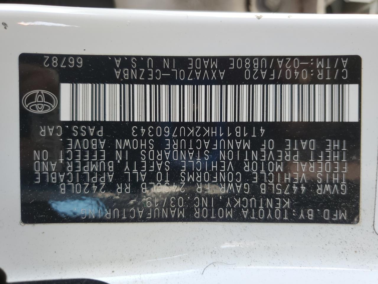 2019 Toyota Camry L VIN: 4T1B11HK2KU760343 Lot: 84418235