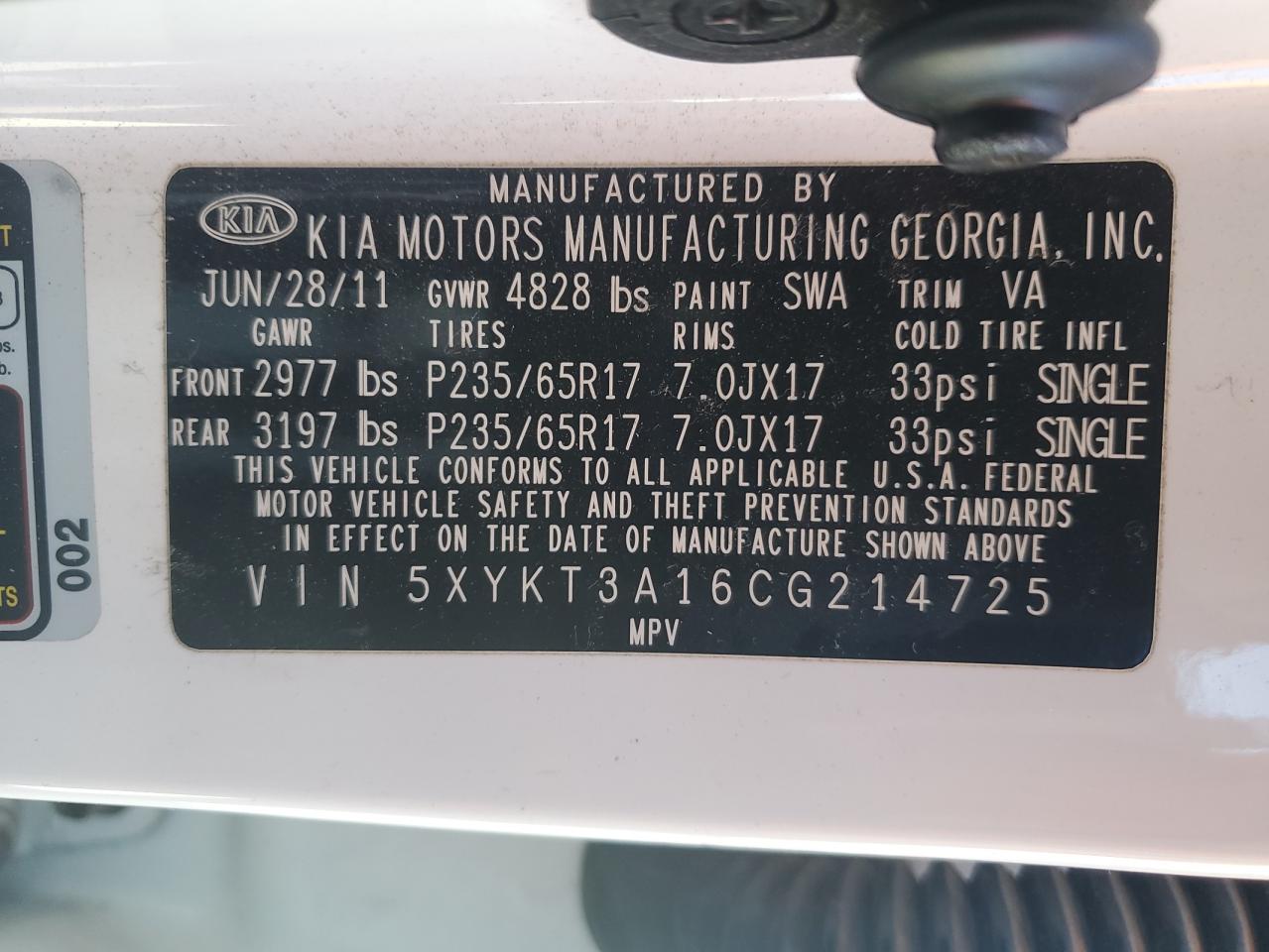 2012 Kia Sorento Base VIN: 5XYKT3A16CG214725 Lot: 86900885