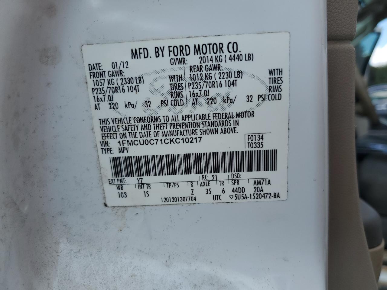 2012 Ford Escape Xls VIN: 1FMCU0C71CKC10217 Lot: 85815055