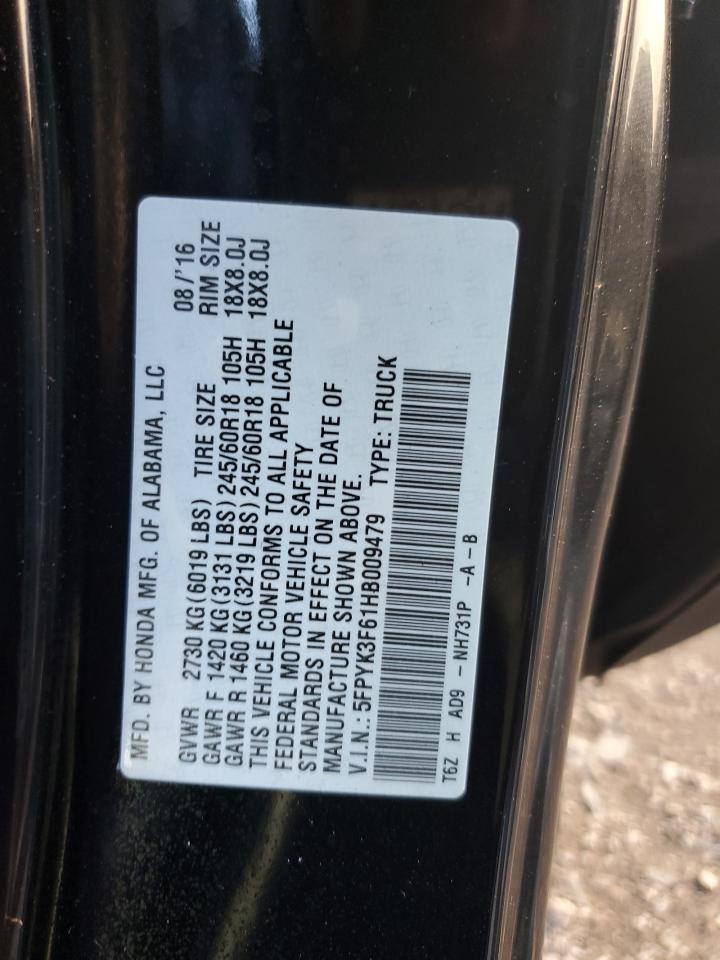 2017 Honda Ridgeline Rtl VIN: 5FPYK3F61HB009479 Lot: 87416805