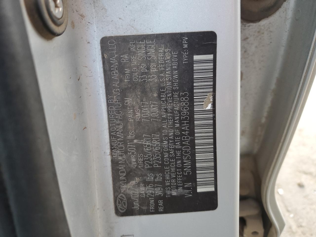 2010 Hyundai Santa Fe Gls VIN: 5NMSGDAB4AH396883 Lot: 84956555