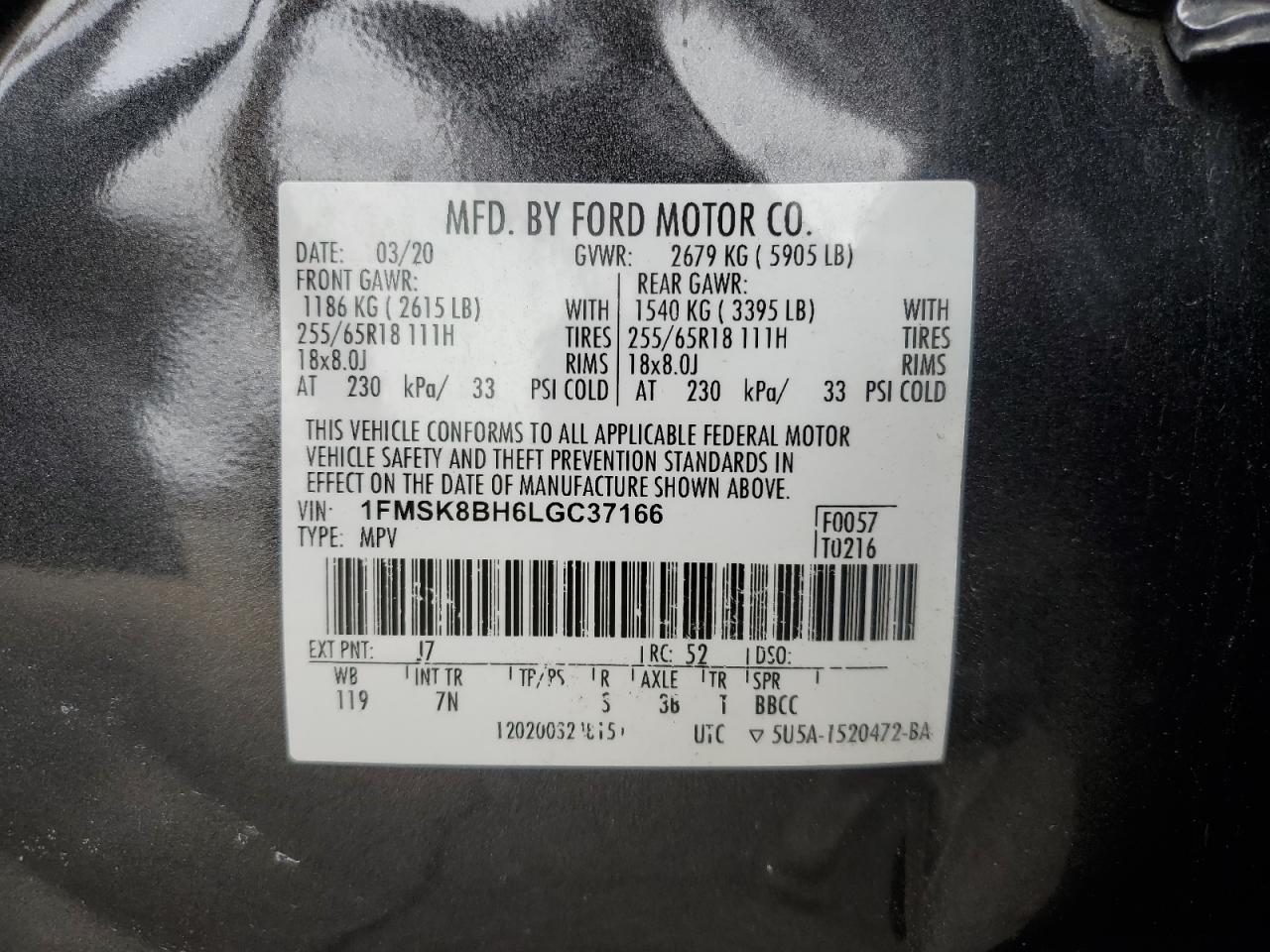 2020 Ford Explorer VIN: 1FMSK8BH6LGC37166 Lot: 85133505