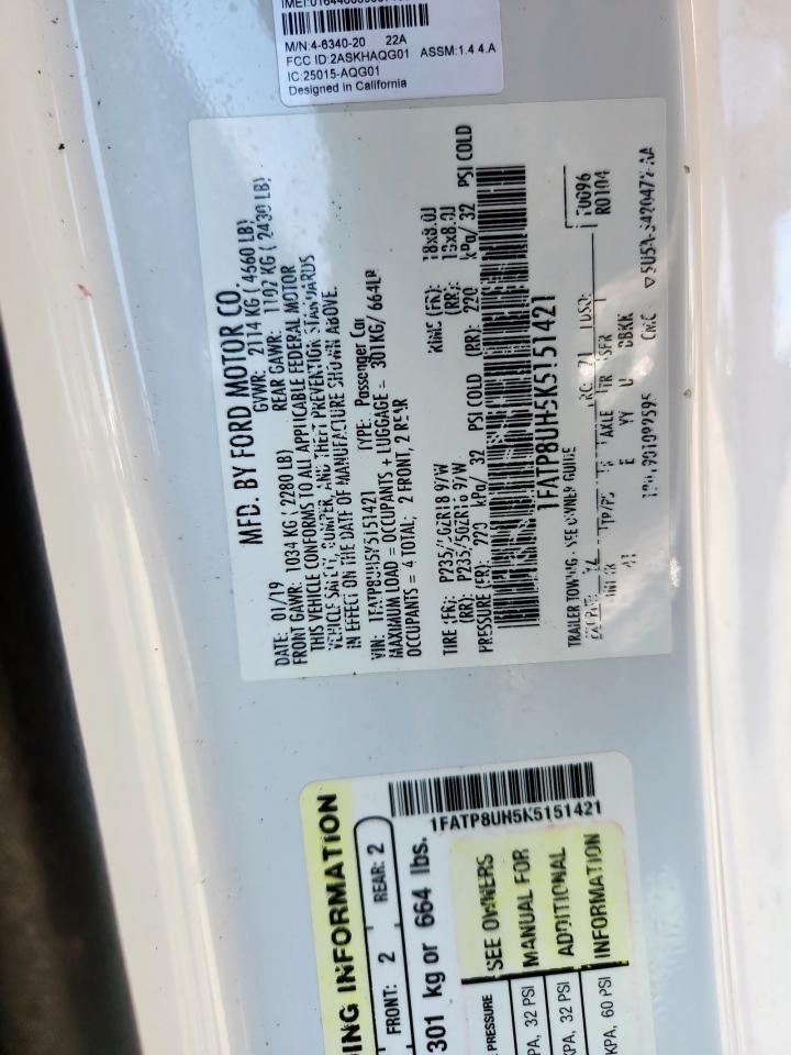 2019 Ford Mustang VIN: 1FATP8UH5K5151421 Lot: 86187845
