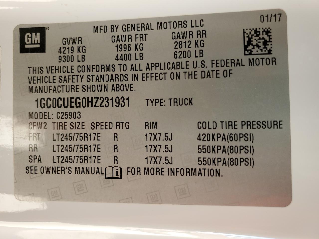 2017 Chevrolet Silverado C2500 Heavy Duty VIN: 1GC0CUEG0HZ231931 Lot: 90093265