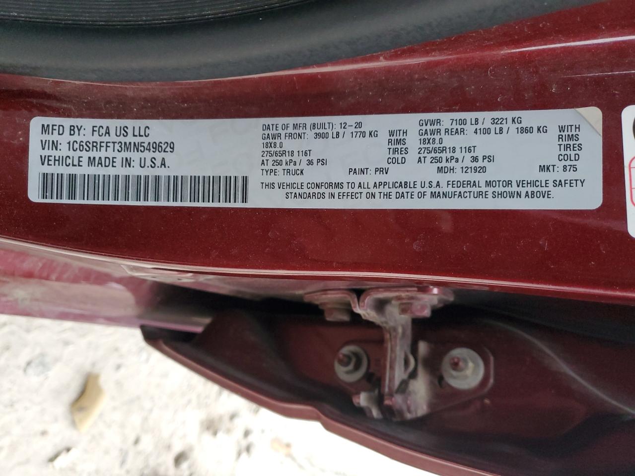 2021 Ram 1500 Big Horn/Lone Star VIN: 1C6SRFFT3MN549629 Lot: 90330125