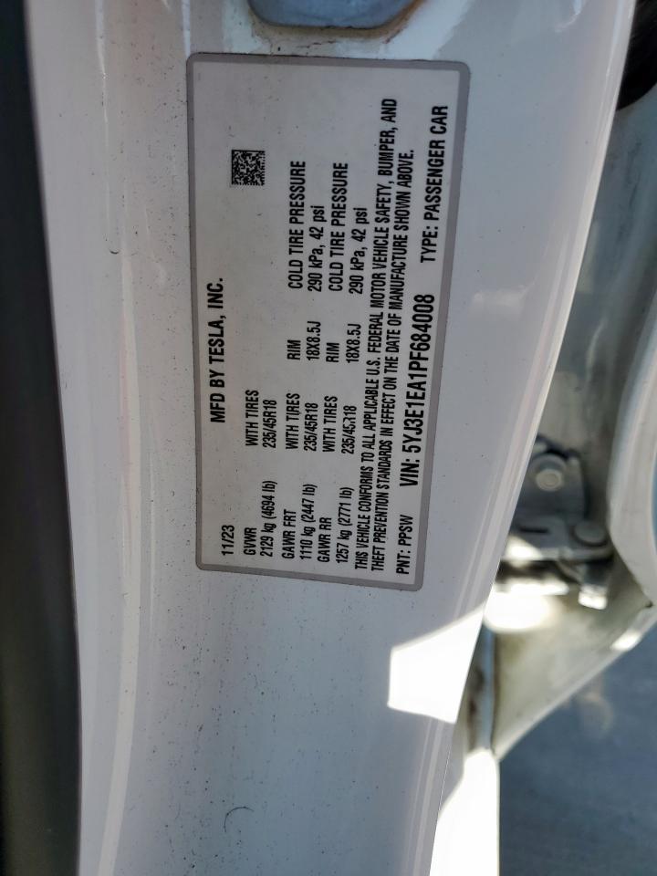 2023 Tesla Model 3 VIN: 5YJ3E1EA1PF684008 Lot: 85898665