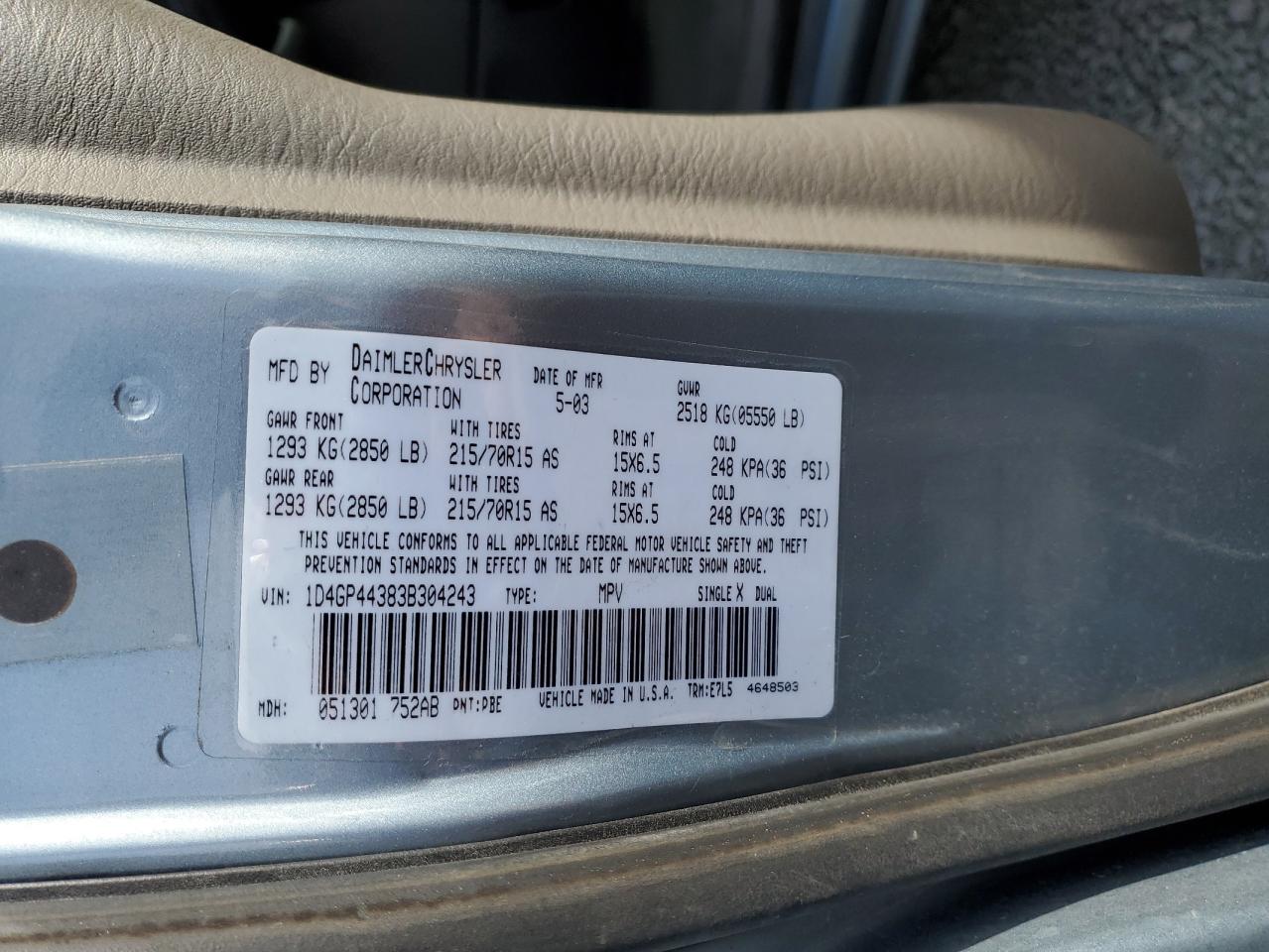 2003 Dodge Grand Caravan Sport VIN: 1D4GP44383B304243 Lot: 84995455