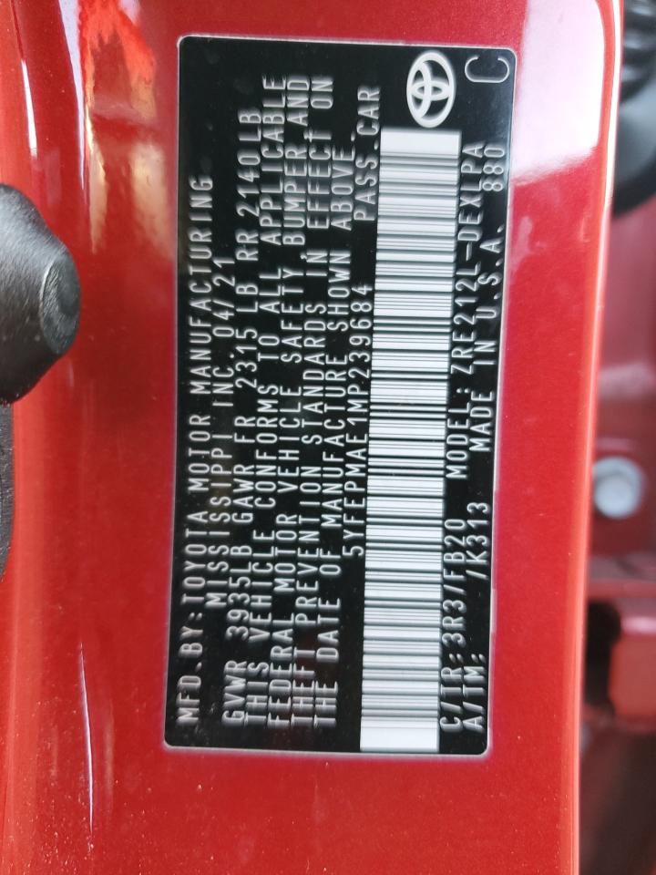 2021 Toyota Corolla Le VIN: 5YFEPMAE1MP239684 Lot: 86071865