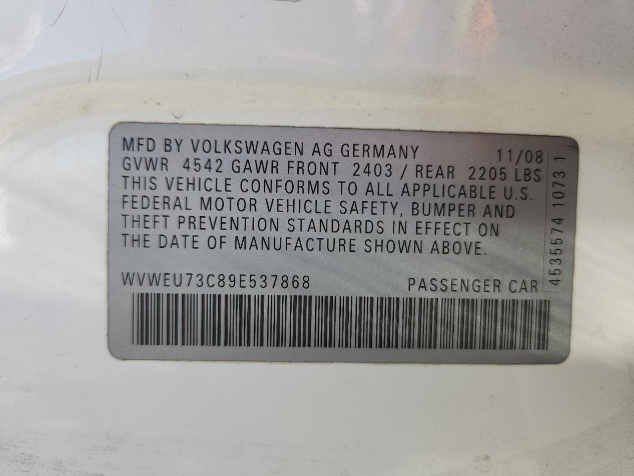 2009 Volkswagen Cc VIN: WVWEU73C89E537868 Lot: 89815865