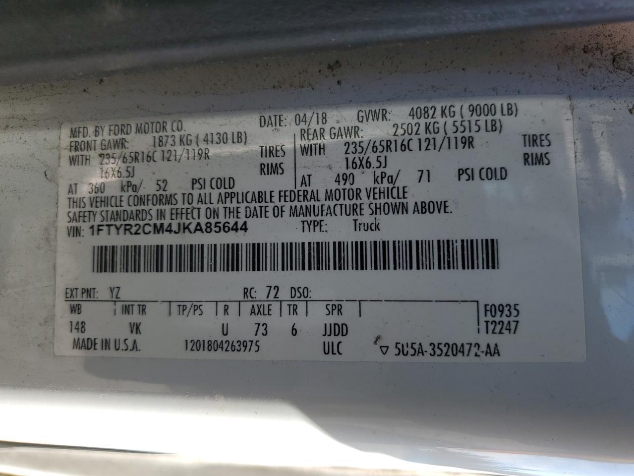 2018 Ford Transit T-250 VIN: 1FTYR2CM4JKA85644 Lot: 80122755