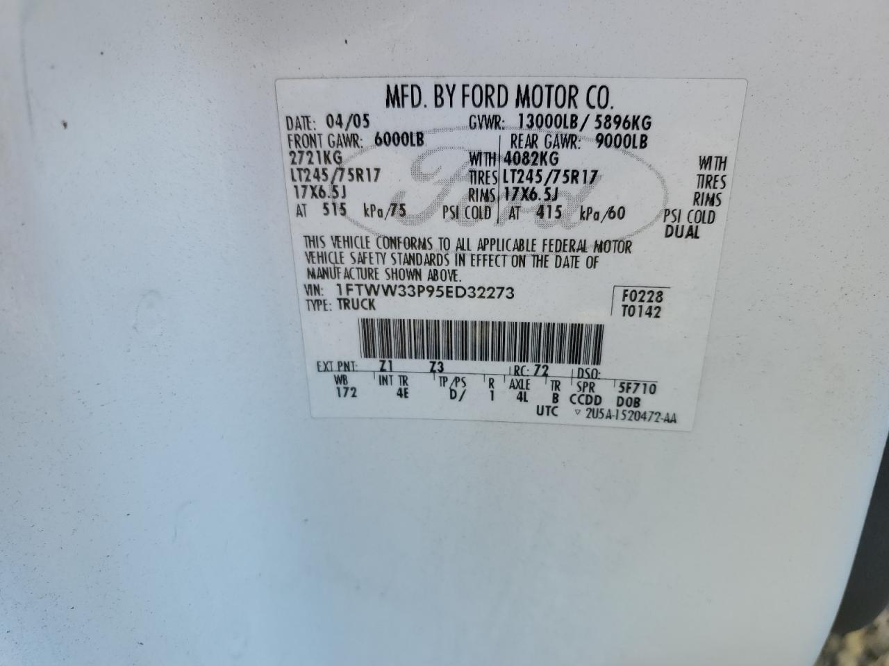 2005 Ford F350 Super Duty VIN: 1FTWW33P95ED32273 Lot: 82564435