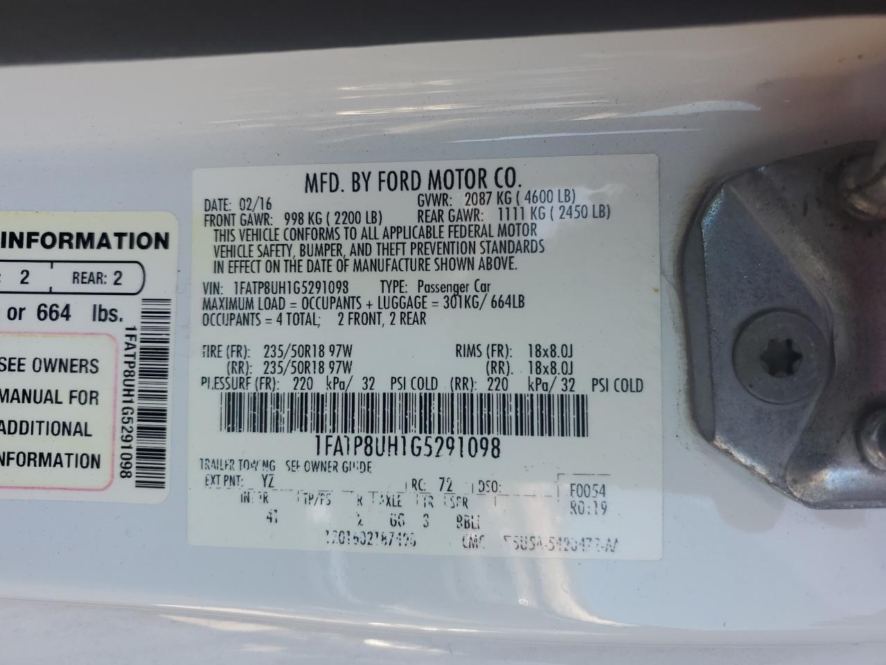 2016 Ford Mustang VIN: 1FATP8UH1G5291098 Lot: 87462145